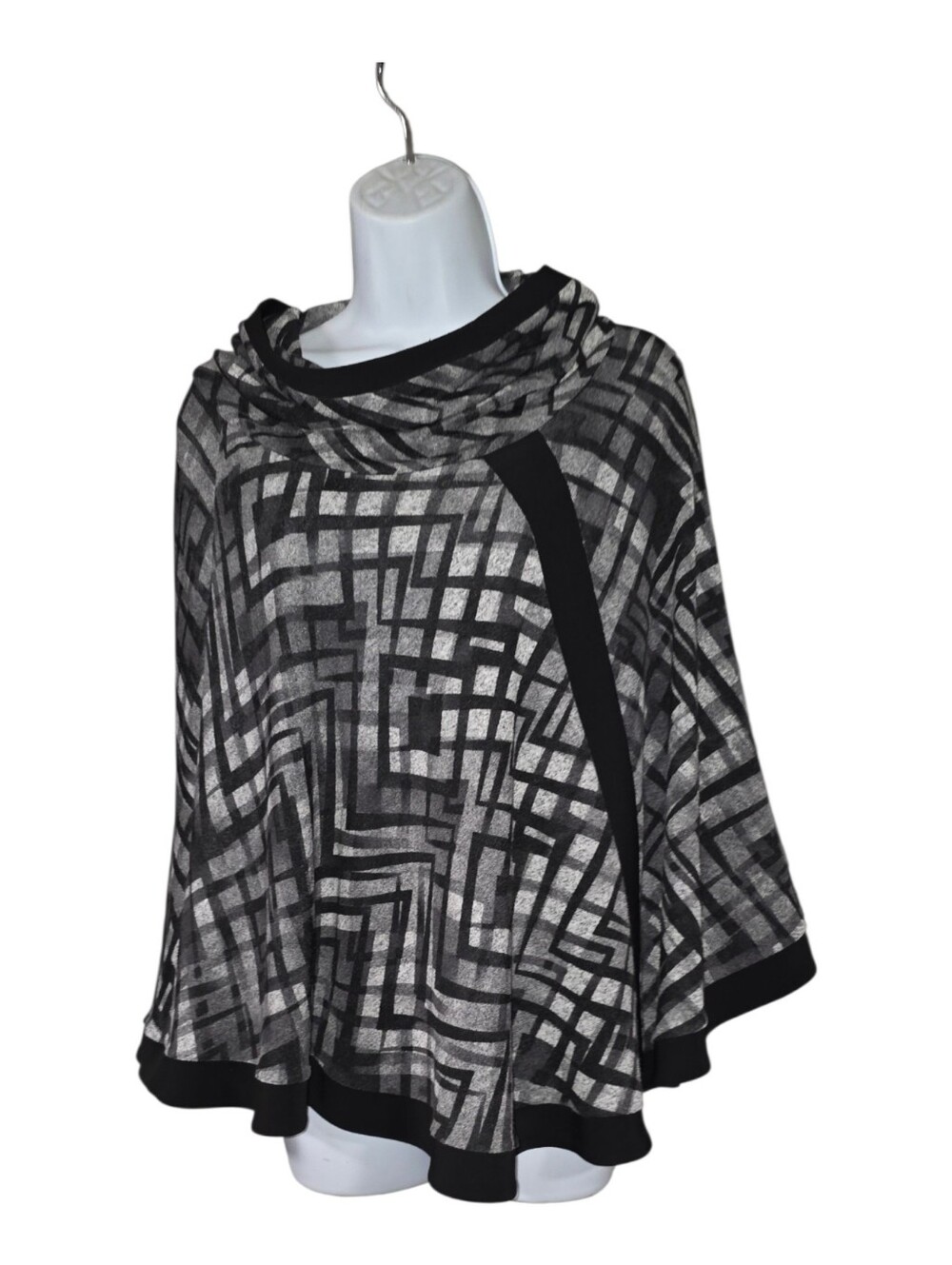 Joseph Ribkoff Cowl Neck Poncho S/M Black Gray Geometric Abstract Cape Ruana